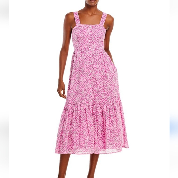 Banjanan Helena Dress Midi Organic Cotton Tiered  Sundress Lined Pink & White XS - Picture 1 of 16